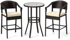 SlickBlue 3-Piece Patio Rattan Bar Set with Tempered Glass Top for Backyard Poolside
