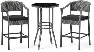 SlickBlue 3-Piece Outdoor Bar Set with Rattan Finish and Glass Table for Patio or Poolside