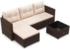 SlickBlue 4 Seats Outdoor Wicker Furniture Set with Tempered Glass Coffee Table and Soft Cushions