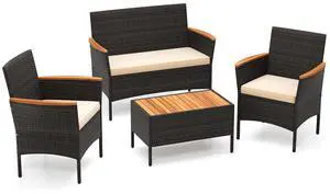 SlickBlue 4 Piece Patio Wicker Sofa Set 2 Rattan Chairs and Loveseat with Table