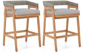 SlickBlue Set of 2 Patio Acacia Wood Counter Height Bar Stools with Cushions and PE Wicker Backrests Footrests