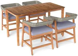 SlickBlue 5 Piece Patio Dining Set Solid Wood with Rattan Backrest and Cushions