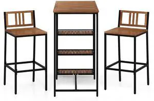 SlickBlue 3 Pieces Outdoor Wood Bar Set with 3-Tier Storage Shelf and Metal Frame