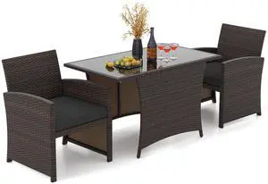 SlickBlue 3 Piece Patio Wicker Dining Set with Rectangle Tempered Glass Dining Table