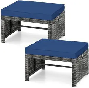 SlickBlue 2 Pieces Patio PE Rattan Ottomans with Soft Zippered Cushions for Deck