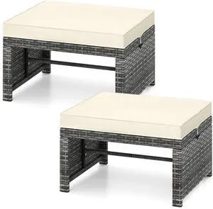 SlickBlue Outdoor PE Rattan Ottomans Set of 2 with Removable Cushions for Patio or Porch