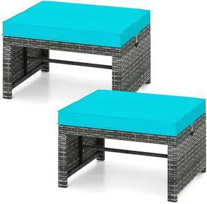 SlickBlue 2 Patio Rattan Ottomans with Soft Cushions for Deck, Garden, or Poolside Seating