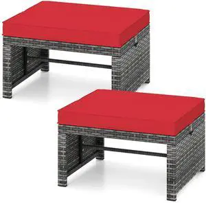 SlickBlue Patio PE Rattan Ottomans Set of 2 with Removable Cushions for Outdoor Seating