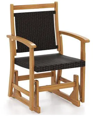 SlickBlue Patio Rattan Glider Chair with Acacia Wood Frame and Wicker Seat Back
