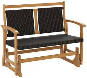 SlickBlue Patio Rattan Glider Bench for 2 with Acacia Wood Frame and Wicker Seat Back