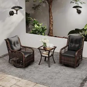 SlickBlue 3 Pieces Patio Furniture Set PE Wicker Swivel Glider Chairs with 2-Tier Side Table and Cushions-Black