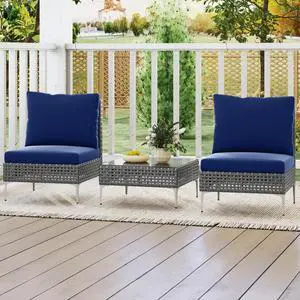 SlickBlue 3 Pieces PE Rattan Conversation Chairs with Tempered Glass Coffee Table for Garden Porch-Navy