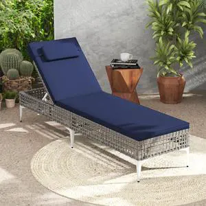SlickBlue Patio Chaise Lounge Chair with 6-Level Adjustable Backrest and Headrest for Poolside-Navy