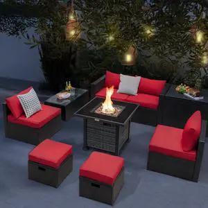SlickBlue Outdoor 9 Pieces Patio Furniture Set with 50 000 BTU Propane Fire Pit Table-Red