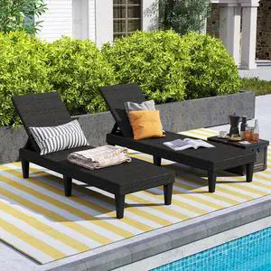 SlickBlue Outdoor Chaise Lounger Chair with Waterproof Rattan Textured PP Surface and 330 lbs Capacity-Black
