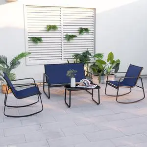 SlickBlue 4 Piece Patio Rocking Set with Glass-Top Table-Navy