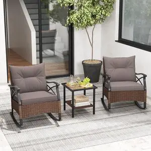 SlickBlue 3 Pieces Outdoor Rattan Rocking Chairs Set with  2-Tier Side Table for Garden Backyard-Brown