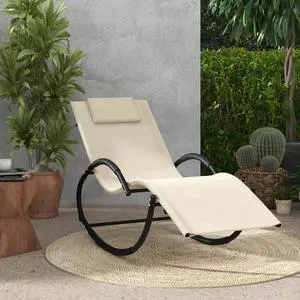 SlickBlue Outdoor Rocking Lounge Chair with Removable Headrest-Beige