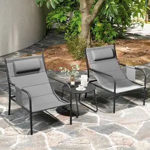 SlickBlue 3 Piece Outdoor Bistro Set Patio Metal Chair and Coffee Table Set-Grey