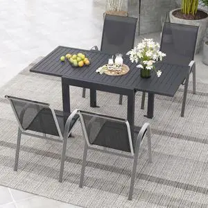 SlickBlue Outdoor Dining Table Set with Extendable Aluminum Table and 4 Stackable Chairs