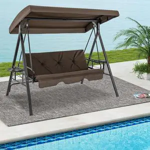 SlickBlue Convertible 3-Seat Patio Porch Swing Chair to Flat Bed with Adjustable Canopy-Brown