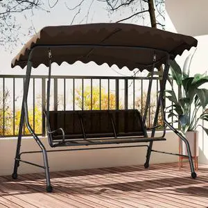 SlickBlue 3-Seat Outdoor Porch Canopy Swing with Adjustable Shading-Brown