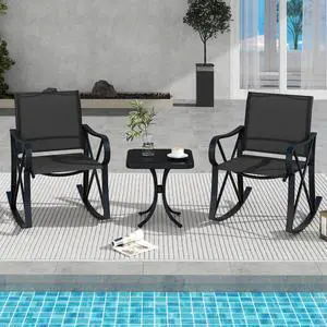SlickBlue 3 Piece Patio Rocking Set with Smooth Rocking Motion Outdoor Rocker Chair Bistro Set-Black