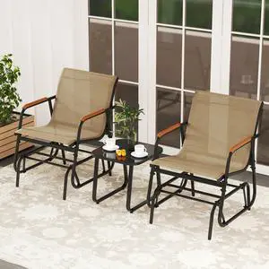 SlickBlue 3-Piece Outdoor Glider Bistro Set with Tempered Glass Top and Metal Frame-Coffee