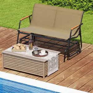 SlickBlue Patio Glider Bench with Curved Teak Armrests and Breathable Fabric Seat for 2 People-Brown