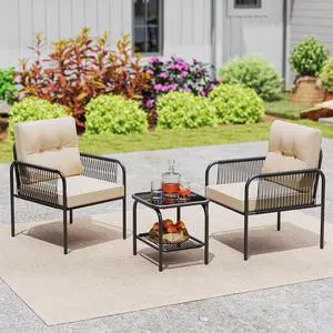 SlickBlue 3 Pieces Patio Bistro PE Outdoor Wicker Rattan Furniture Conversation Set-Beige
