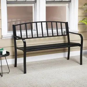 SlickBlue 50 Inches Outdoor Garden Bench with Slatted Backrest and Curved Armrests-Black