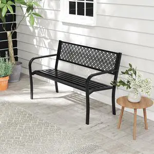 SlickBlue 50 Inches Outdoor Garden Bench with Geometric Lattice Backrest and Slatted Seat-Black