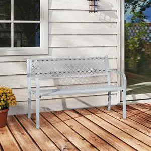 SlickBlue 50 Inches Outdoor Garden Bench with Geometric Lattice Backrest and Slatted Seat-Grey