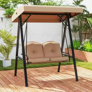 SlickBlue 2-Person Outdoor Porch Swing with A-Shaped Metal Stand and Adjustable Canopy-Beige