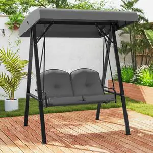 SlickBlue 2-Person Outdoor Porch Swing with A-Shaped Metal Stand and Adjustable Canopy-Grey
