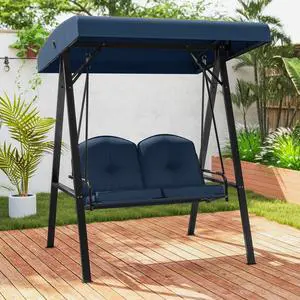 SlickBlue 2-Person Outdoor Porch Swing with A-Shaped Metal Stand and Adjustable Canopy-Navy