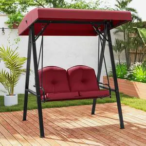 SlickBlue 2-Person Outdoor Porch Swing with A-Shaped Metal Stand and Adjustable Canopy-Wine