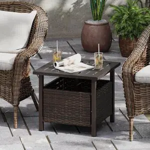 SlickBlue Outdoor Side Table All-Weather PE Wicker Patio Table with Umbrella Hole-Brown