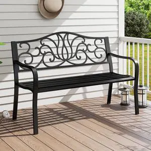 SlickBlue 50 Inches Outdoor Garden Bench with Floral Design Backrest and Slatted Seat-Black