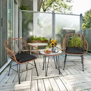 SlickBlue 3 Pieces Patio Rattan Bistro Set with Cushion-Black