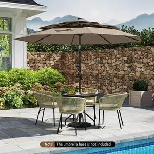 SlickBlue 10 Feet Solar Patio Umbrella with 32 LED Lights 3-Tier Vented Top-Taupe