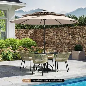SlickBlue 10 Feet Solar Patio Umbrella with 32 LED Lights 3-Tier Vented Top-Beige