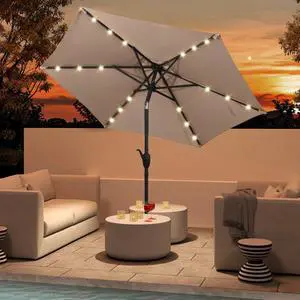 SlickBlue 7.5 Feet Solar Powered Patio Umbrella with LED Lights and Crank Handle-Tan