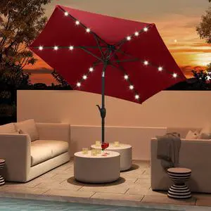 SlickBlue 7.5 Feet Solar Powered Patio Umbrella with LED Lights and Crank Handle-Burgundy