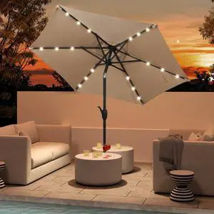 SlickBlue 7.5 Feet Solar Powered Patio Umbrella with LED Lights and Crank Handle-Beige