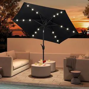 SlickBlue 7.5 Feet Solar Powered Patio Umbrella with LED Lights and Crank Handle-Black