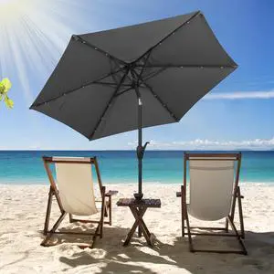 SlickBlue 7.5 Feet Solar Powered Patio Umbrella with LED Lights and Crank Handle-Grey