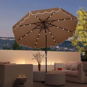 SlickBlue 9.3 Feet Solar Patio Umbrella with 24 LED Lights Vented Top and Ruffles-Coffee