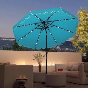 SlickBlue 9.3 Feet Solar Patio Umbrella with 24 LED Lights Vented Top and Ruffles-Turquoise