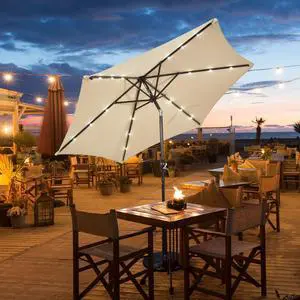 SlickBlue 9 Feet Solar LED Lighted Patio Market Umbrella Tilt Adjustment Crank Lift-Beige